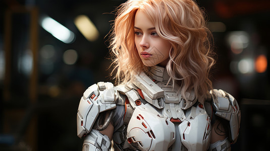 白色科幻背景酷酷的长卷金色头发女孩穿白色盔甲插画