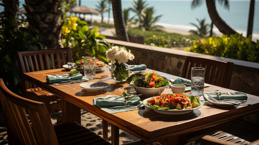 在海边的可休息木质餐桌高清图片