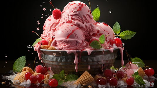 华夫饼冰激凌美味诱人的草莓冰激凌插画