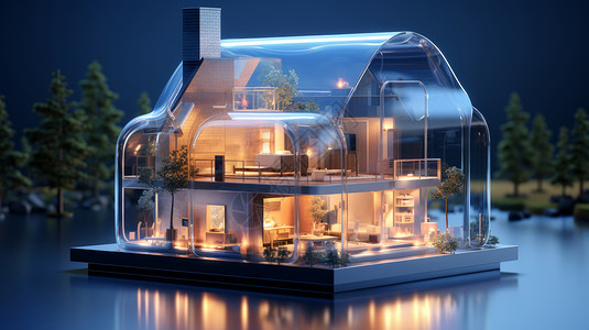 3D家具模型时尚立体透明发光的玻璃房插画