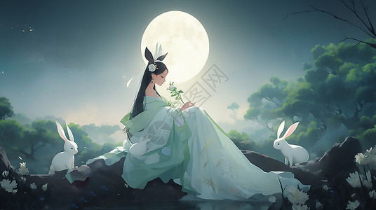 中秋节绘画夜晚月亮下的美女插画