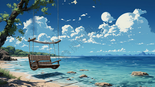 夏威夷度假卡通风景蓝蓝的大海边一个秋千挂在树枝上插画