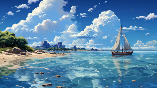 大海平面唯美夏天湛蓝的大海上行驶着一艘帆船卡通风景插画