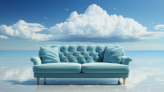 大型家具商场蓝天白云下的湖面上一个蓝色双人布艺沙发插画