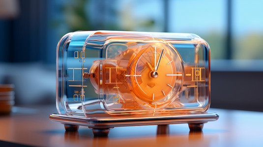 桌子上的闹钟放在桌子上的时尚透明长方形钟表插画