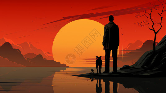 一个人与狗的背影站在湖边欣赏着大大的夕阳背景图片