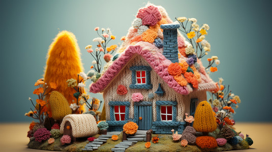 针织毛线屋顶上长满花朵在小岛上立体可爱的毛线小房子插画
