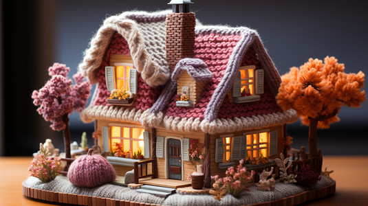 手工灯亮着灯的立体可爱的毛线手工小房子插画