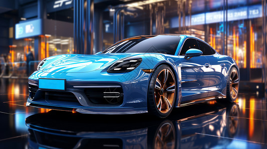 车仔面蓝色漆面时尚新潮的科技感流线型汽车插画