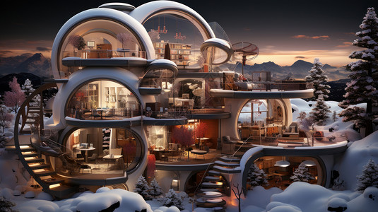 现代建筑室内傍晚雪地山中一座时尚科幻的多层现代时尚建筑插画