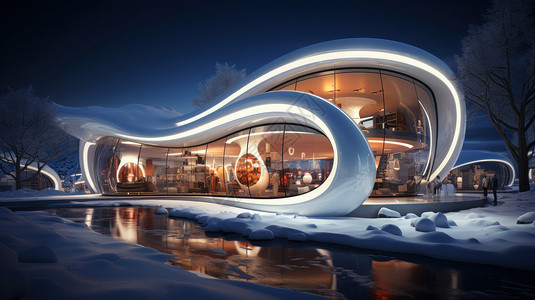 3D灯河边雪地上一座亮着灯的时尚科幻现代建筑插画