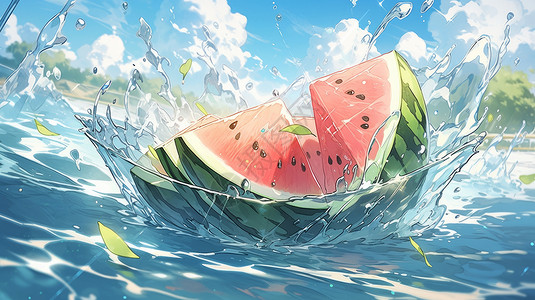 浸在水中西瓜新鲜的卡通西瓜掉在水中插画