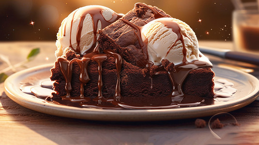 插画平面盘子中美味诱人的冰激凌巧克力蛋糕背景