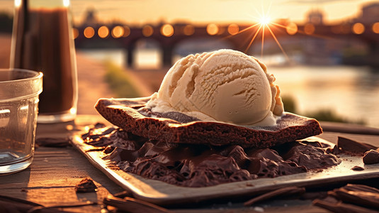 阳光下桌子上的美味冰激凌蛋糕甜品高清图片