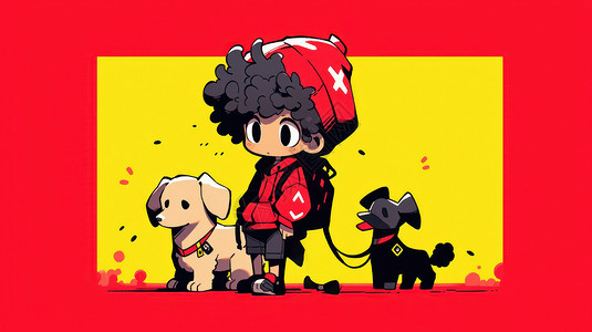 背简约戴红色帽子穿红色卫衣可爱的卡通男孩在遛狗插画