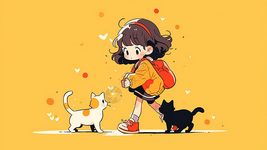 简笔背着走路的可爱的卡通女孩与宠物猫插画