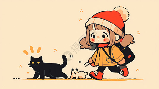 戴猫帽子穿黄色上衣戴着帽子的可爱卡通女孩与宠物猫放学走路回家插画