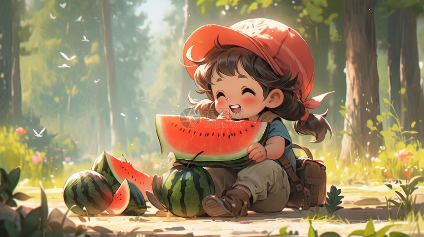 戴着红色帽子在森林中吃西瓜的可爱卡通女孩图片