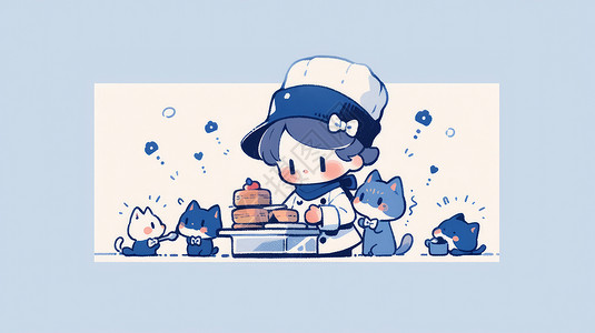 宠物美食可爱的卡通小男孩厨师在做饭宠物猫在旁边插画