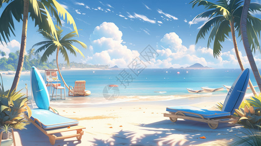 蓝天白云下美丽的大海与沙滩唯美卡通风景背景图片