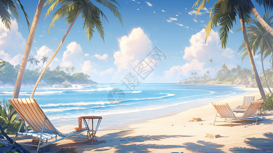 卡通唯美沙滩海边椰子树下的休闲沙滩椅背景图片