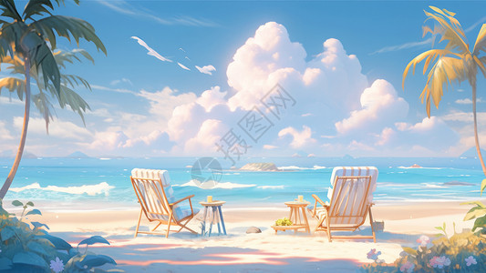 沙滩上的椰子树云朵下大海沙滩上两把休闲椅子面向大海卡通风景插画