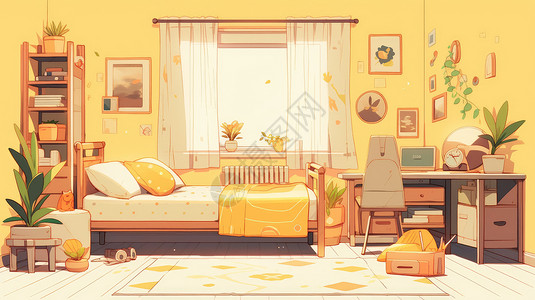 书桌整洁干净整洁的黄色调卡通卧室插画