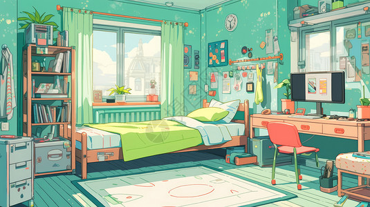 儿童房家具有办公桌电脑和绿色床单的卡通小清新卡通卧室插画