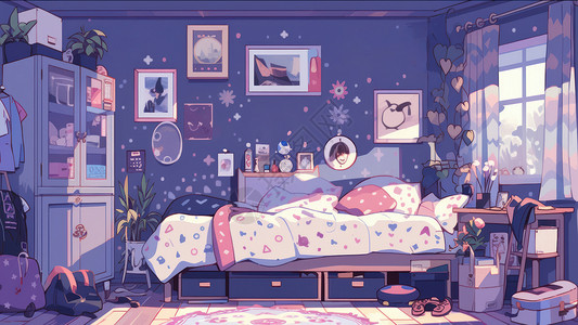 浪漫紫色调卡通卧室放着一张可爱的白色小花床插画