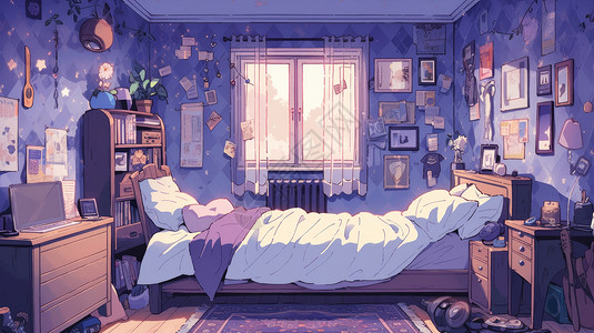床头书桌床头放着书柜的温馨浪漫的卡通卧室插画