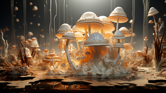 雨后森林中一簇小蘑菇插画