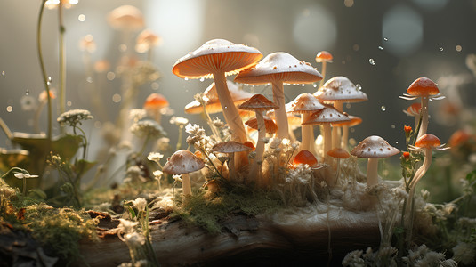 在森林中木头上长着一簇红色小蘑菇高清图片