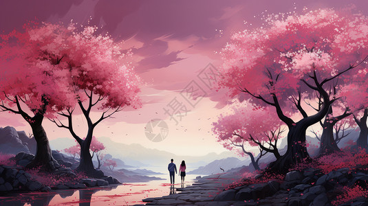 一对人物卡通唯美卡通风景一对情侣走在盛开粉色花朵的树下插画