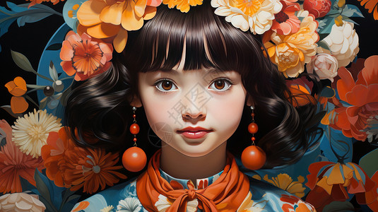 橙色花朵头头戴花朵球型耳饰复古风卡通小女孩插画
