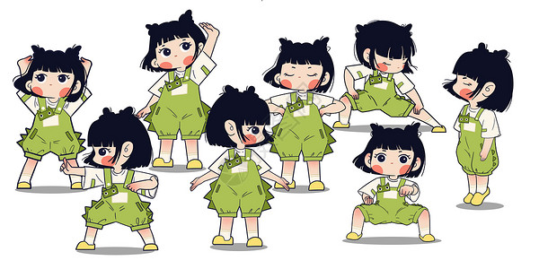 卡通可爱小女孩做八段锦养生运动锻炼身体高清图片