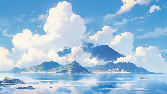 高高的云朵下一座美丽的小岛卡通风景图片