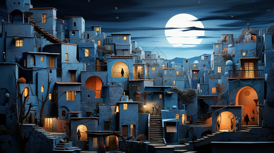 月光下科幻卡通蓝色城市建筑群，图片
