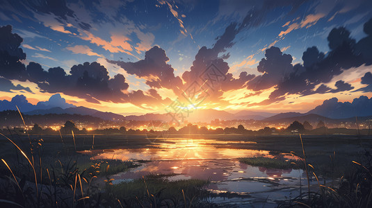 唯美的卡通夕阳落山照亮了田地间的小河图片