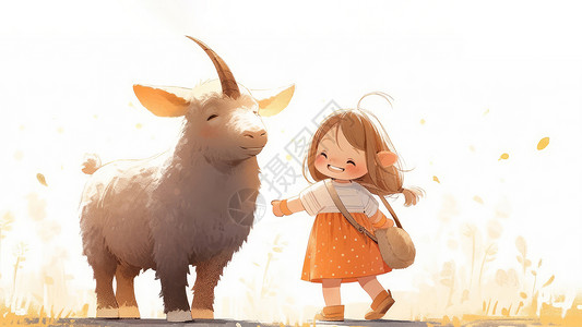 野牛沟背着包与独角小牛开心笑的卡通女孩插画