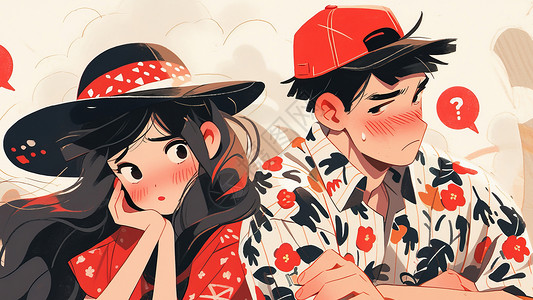 生气情侣两个戴帽子的时尚卡通情侣在生气插画