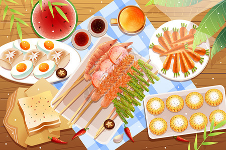 夏日烤串饮料美食插画高清图片