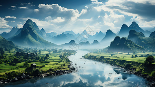 中式田园远山风景背景图片