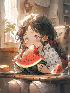 扎辫子的可爱小女孩吃西瓜高清图片