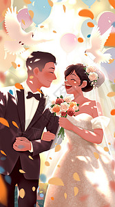 新娘手绘七夕与你的浪漫婚礼宽屏插画插画
