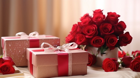 礼盒与玫瑰花束七夕浪漫情人节礼物花束插画