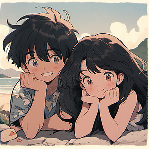 海边合影情侣夏天在沙滩上合影的情侣插画