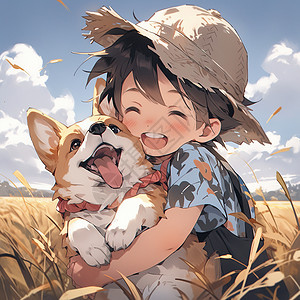 稻卡通稻田里抱着小动物的卡通小男孩插画