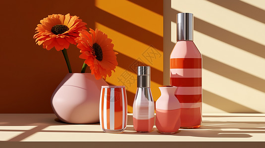 水乳套装桌子上有向日葵的化妆品展示柜设计图片