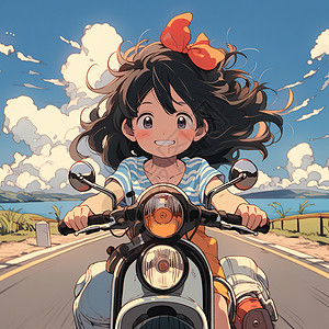 夏天可爱路标牌夏天骑着摩托车的可爱小女孩插画