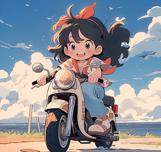 宝马白蓝摩托车夏季蓝天下骑着摩托车女孩插画